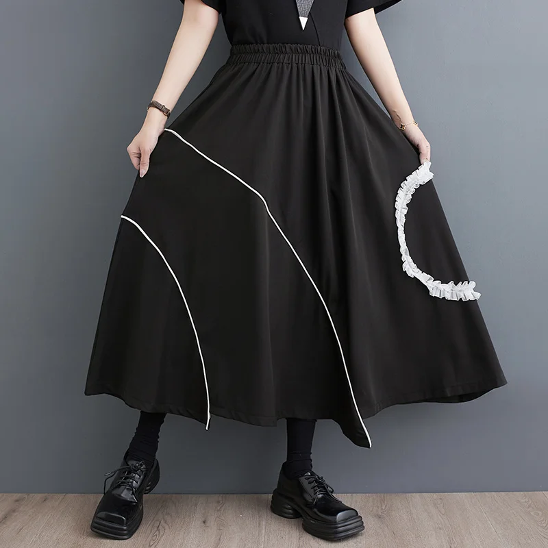 #3010 Spring Summer Black Vintage A-line Skirts Irregular Patchwork Irregular Skirts Female Korean Style Loose Midi Skirts Femme