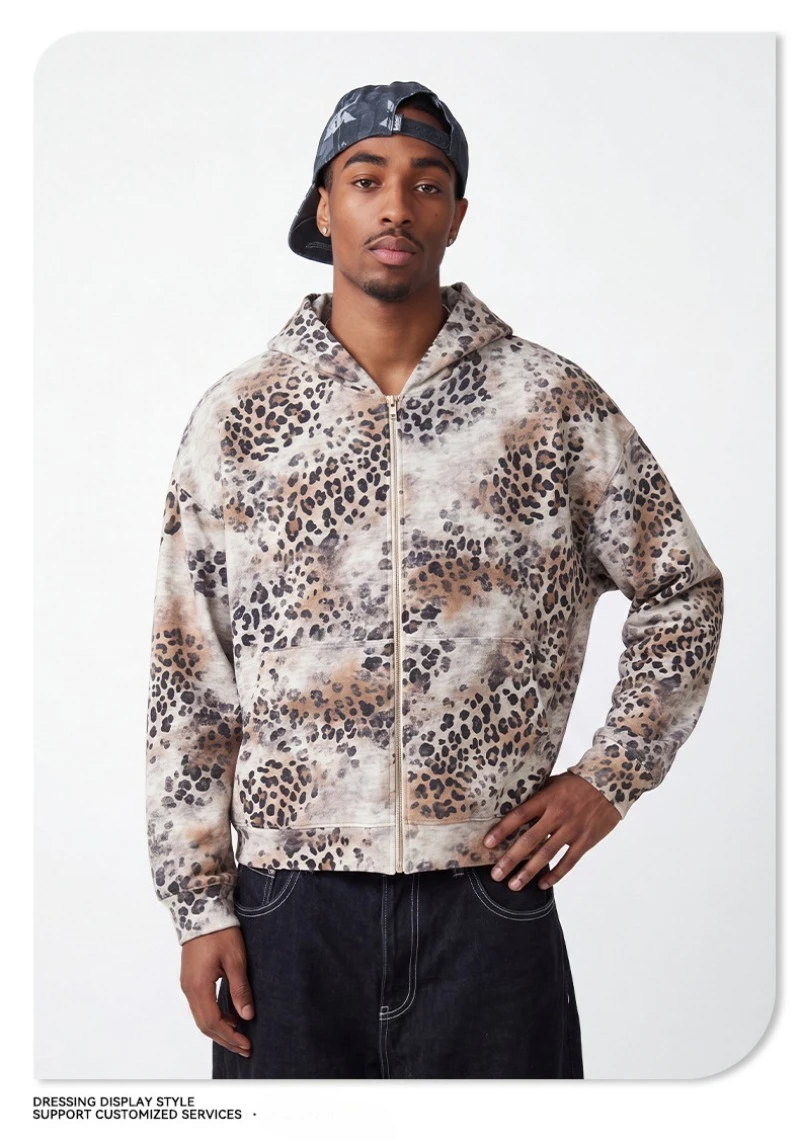 2026 Autumn New American Leopard Print Zip Up Hoodie for Men Y2K Retro Hip-hop High Street Men's Hooded Jacket Streetwear