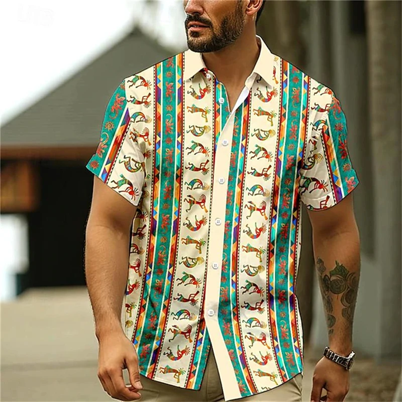 

New Men's Shirts 3d Printed Ethnic Style Short-Sleeved Shirt For Men Vintage Loose Casual Fashion Oversized Holiday Wear Blouse