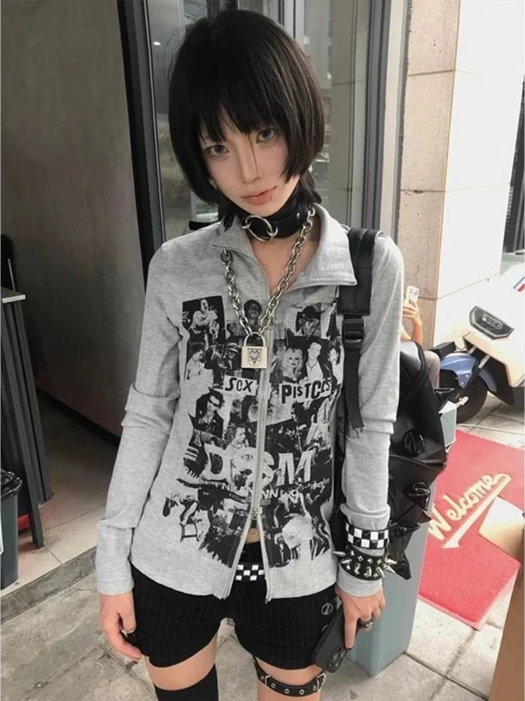 HOUZHOU Harajuku Grunge Zipper Sweatshirts Vintage Y2k Gothic Print Long Sleeve Tops Punk American Retro Streetwear Sweatshirts