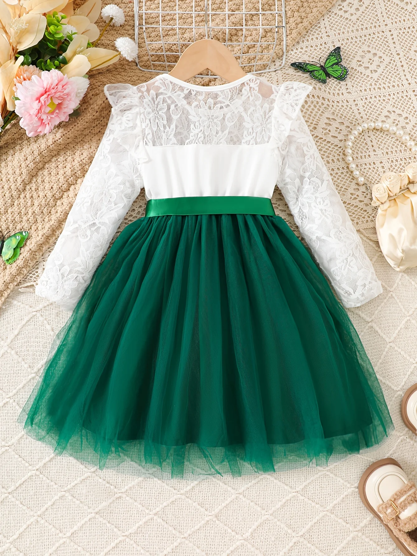 Girls' Casual Fashion Knitted Long-Sleeved Round-Neck Lace Flutter-Sleeve Ruffled Mesh Dress Holiday Party Gift