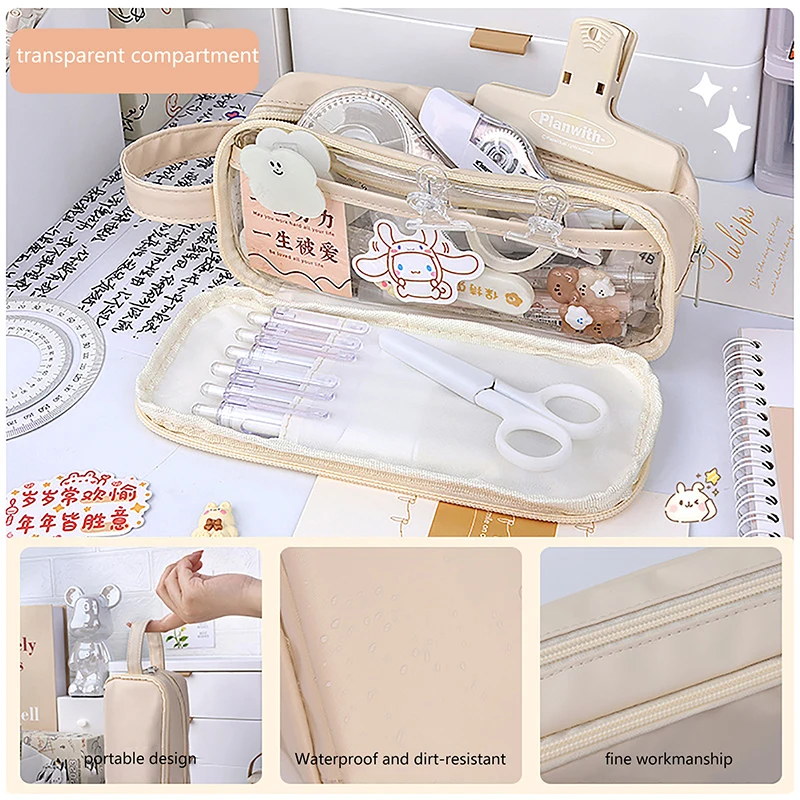 1PC PVC Large Capacity Pencil Pouch Clear Compartment Pen Case Multifunction School Office Supplies Student Stationery Kid Gift