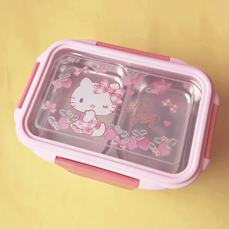 Linda fiambrera Bento de doble capa Sanrio Kuromi con compartimento antiquemaduras aislado de acero inoxidable para arroz, vajilla Cinnamoroll