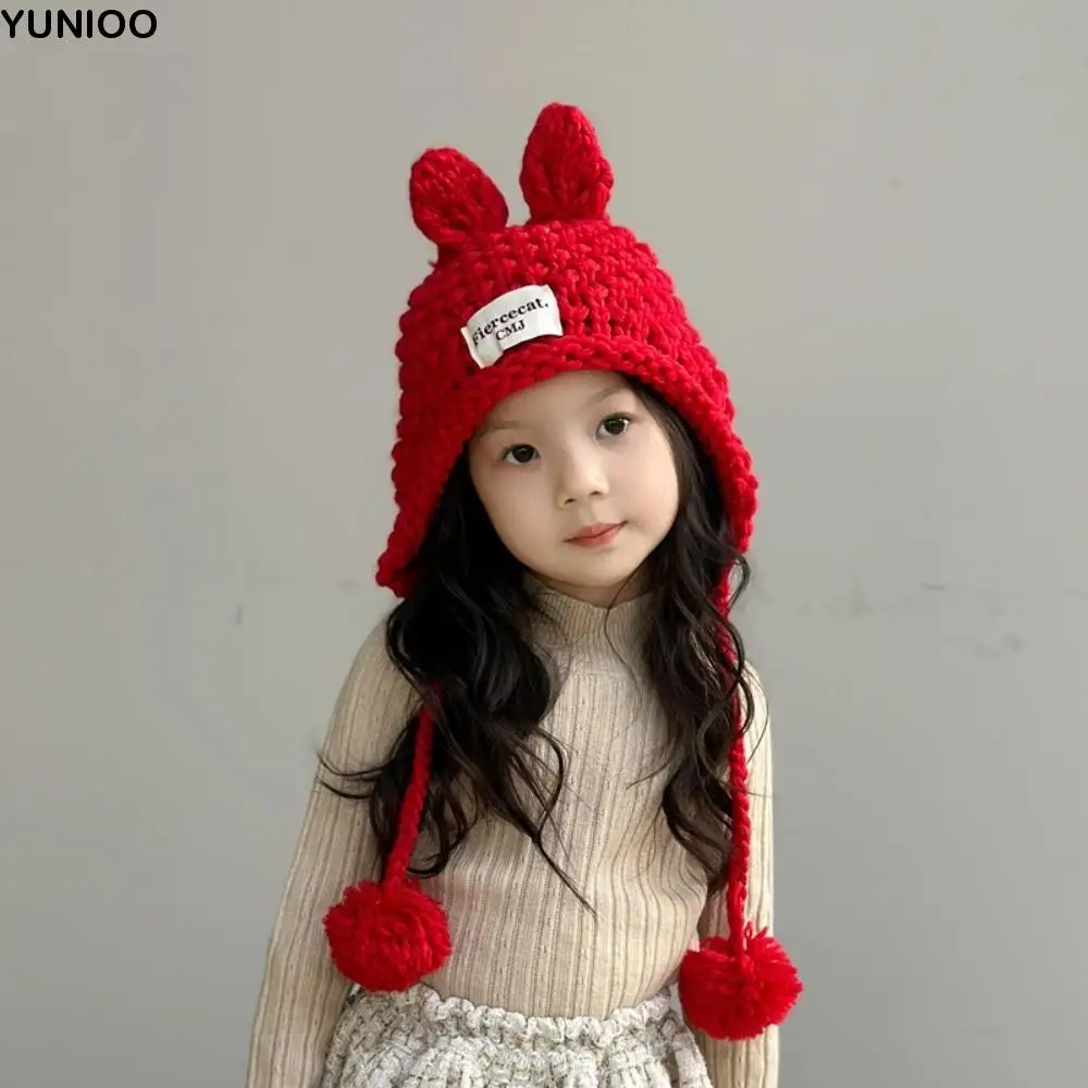 

Cute Solid Color Baby Crochet Hat Soft Warm Rabbit Ear Hand Knitted Cap Outdoor Autumn Winter Ear Protection Cap Girls