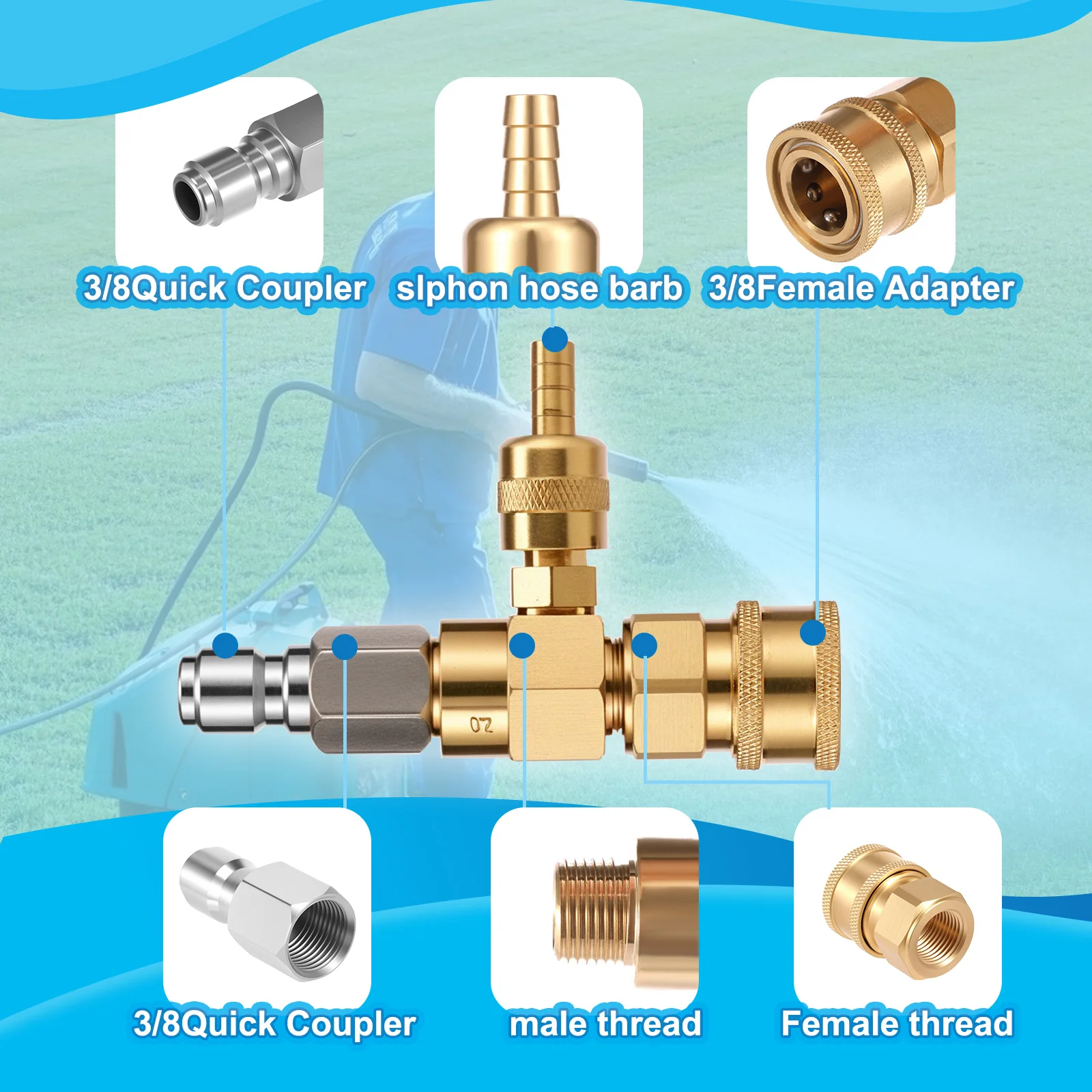 Pressure Washer Downstream Injector Kit Fixed Chemical Injector Kit Soap Injector with 3/8Inch Quick Connect 2-5 GPM 4000PSI Max