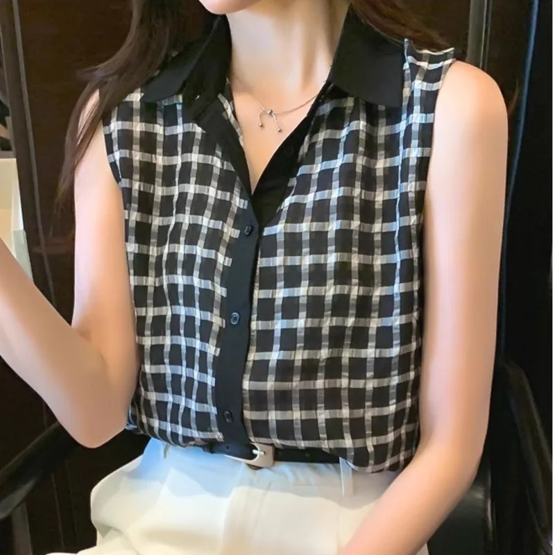 #2562 Plaid Vest Blouse Women Thin Sexy Short Office Sleeveless Chiffon Womens Tops And Blouses Outerwear Shirt Femme Summer