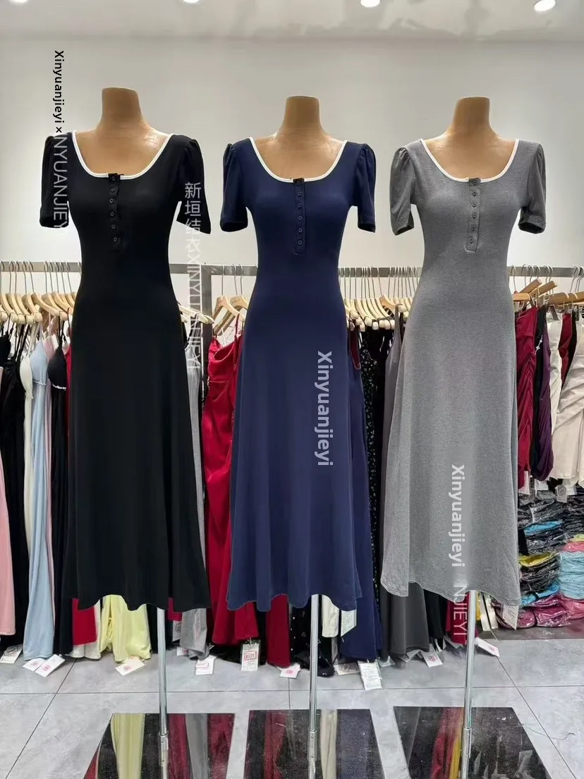 Estate lunga A-Line Dr Donna Bubble Sve Colletto quadrato Bal Dimagrante Coreano Sle Vita alta Tessuto morbido Abbigliamento da vacanza