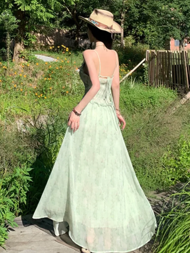 여름 우아한 민소매 프릴 스파게티 스트랩 백리스 드레스 Pleated 꽃 달콤한 요정 파티 가운 새로운 해변 휴가 드레스