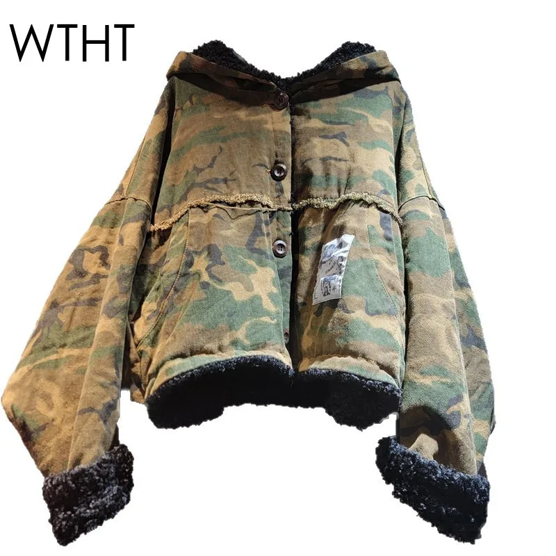 

WTHT винтажная модная женская камуфляжная теплая куртка с капюшоном, свободные джинсы с эластичной резинкой на талии, женские осень 2021, 1LS2501
