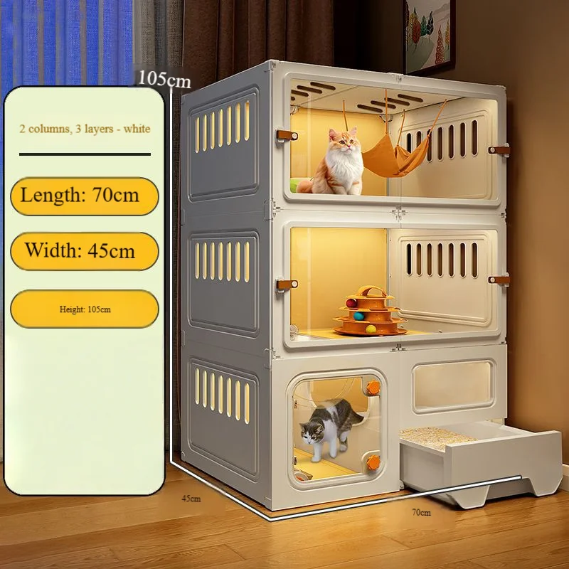 Three-Layer Cat Cage 70x45x105cm - Large Cat Villa with Built-in Drawer Litter Box, Extra-Large Indoor Space, 1BR/1LR/1Bath