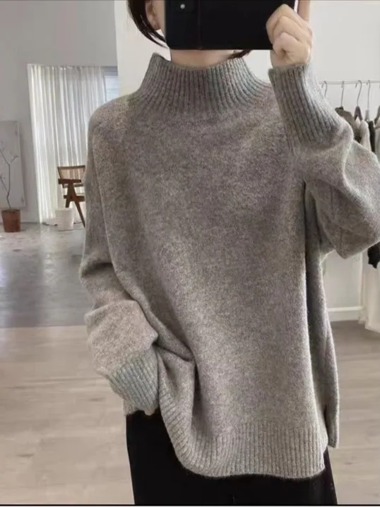 ارتفاع طوق تريكو ملابس خارجية فضفاضة التخسيس البلوز الخريف الشتاء Sle لينة مريحة قاعدة طبقة عادية Faion المرأة #3