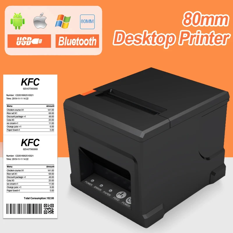 80mm Thermal Receipt Printer Automatic Cutter Restaurant Kitchen Multi-Functional POS Printer USB LAN Bluetooth Desktop Printer