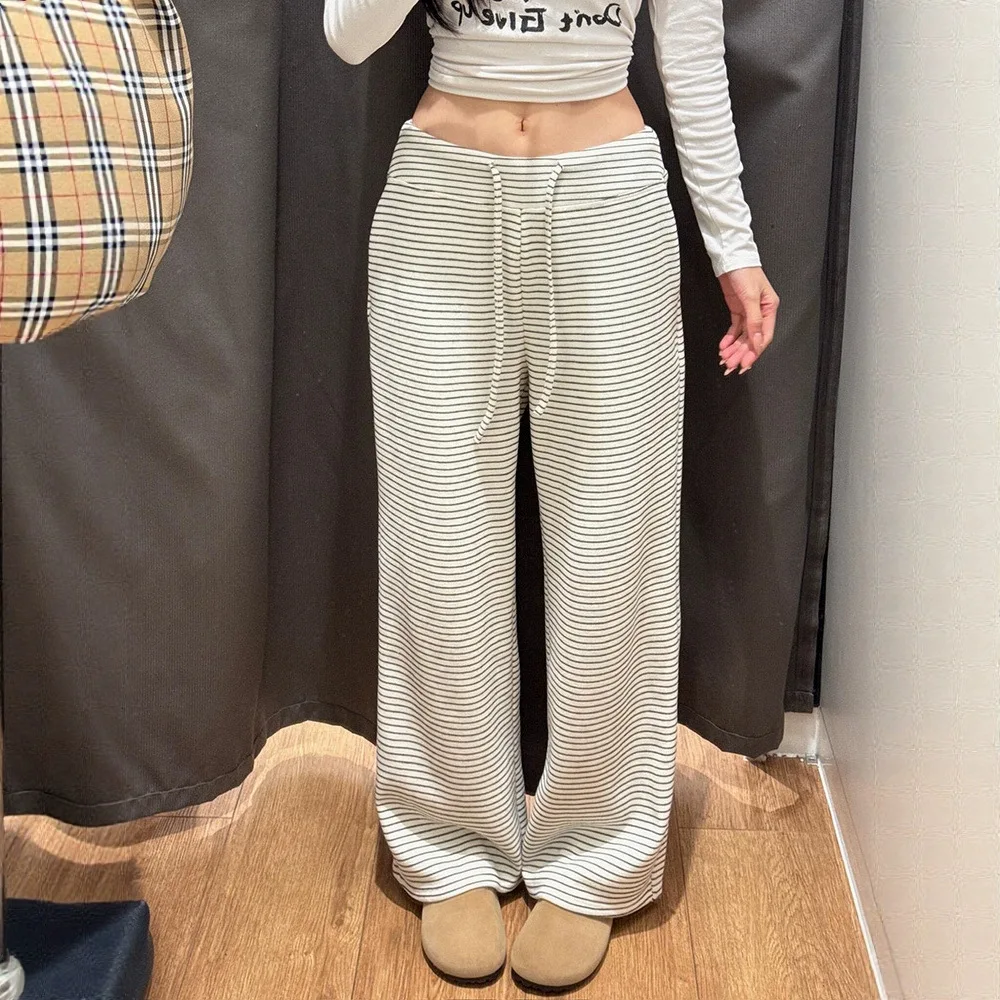 Women's Striped Casual Elastic High Waist Drawstring Loose Straight Trouser Pants