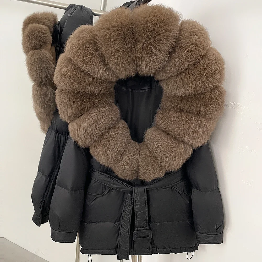 Large Fox Fur Collar Hooded Duck Down Coat Warm Women Winter Reality Fur Jacket 2025 Thick Parkas Outwear Female Puffer Jacket