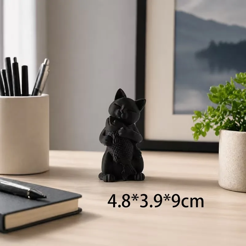 Black Cat Hugging Fish 3D Printed Figurine Cute Animal Desktop Ornament Minimalist Craft Shelf Decor Creative Office Table Decor