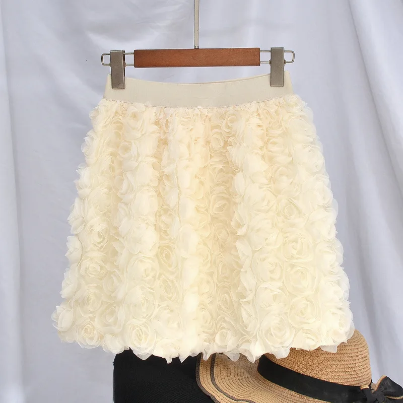

3D Floral White Skirt Women A-line Elastic High Waist Fashion Sweet Girls Mini Goth Skirt Female Rose Flower Retr SK710