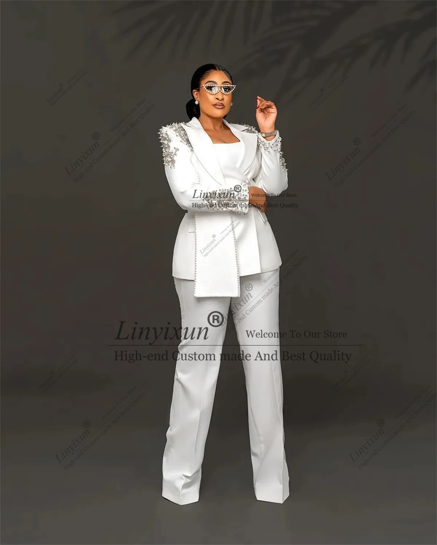 Elegant Women's Suits Beading Pearls for Wedding Design version 2 Pcs Peak Lapel Satin Jacket Flared Pants Customized