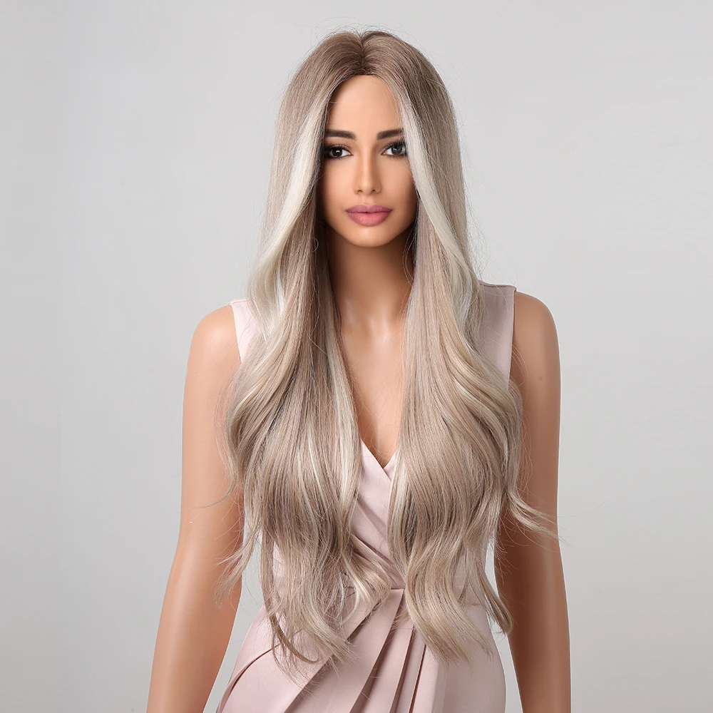 Platinum Blonde with White Highlight Dark Roots Synthetic Hair Wigs Long Wavy Cosplay Wig Heat Resistant