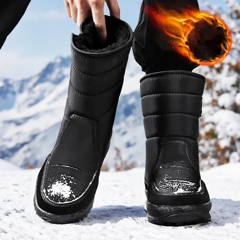 جديد الخريف والشتاء الثلوج في الهواء الطلق الدافئة سميكة عدم الانزلاق أحذية قطنية مقاومة للماء للرجال والنساء مع بطانة الصوف ، منتصف أعلى أحذية قطنية كبيرة الحجم