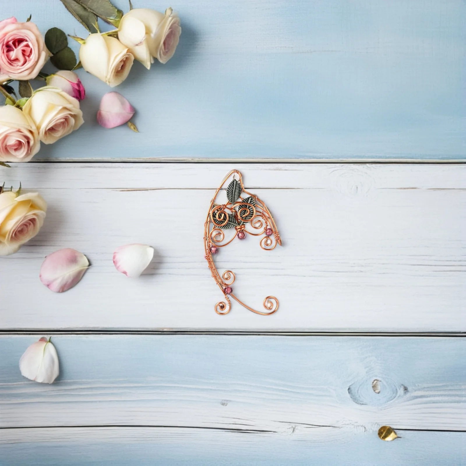 

1Pair Elegant Ear Cuffs Alloy Wire Wrap Elven Earrings for Women Clip on Fairy Style with Leaves and Crystals for Holiday Party