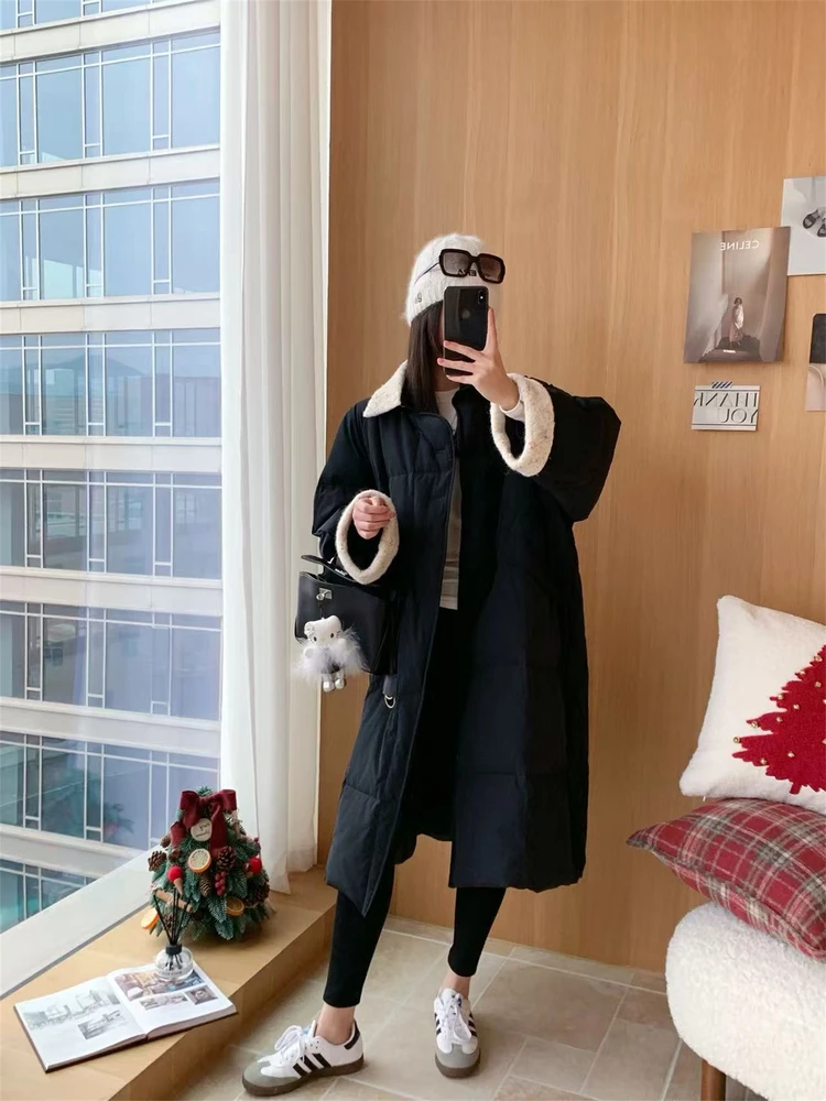 

Long eepskin Trimmed down Jaet Color Spot Splicing Flower Embellied Soft Fluffy Lapin Sle Women's Winter Coat