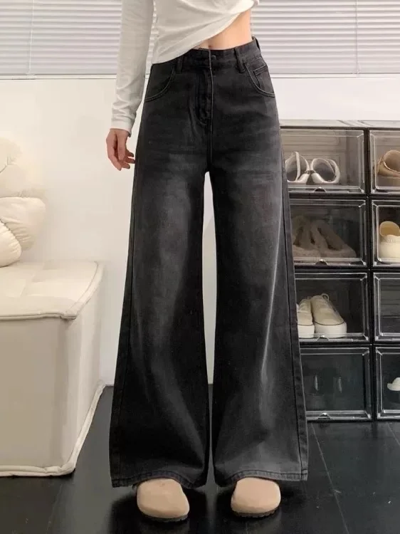 

American Style Vintage Loose Drapey Wide Leg Jeans Women's High Waist Straight Cut Long Trousers Fall Winter plus Size
