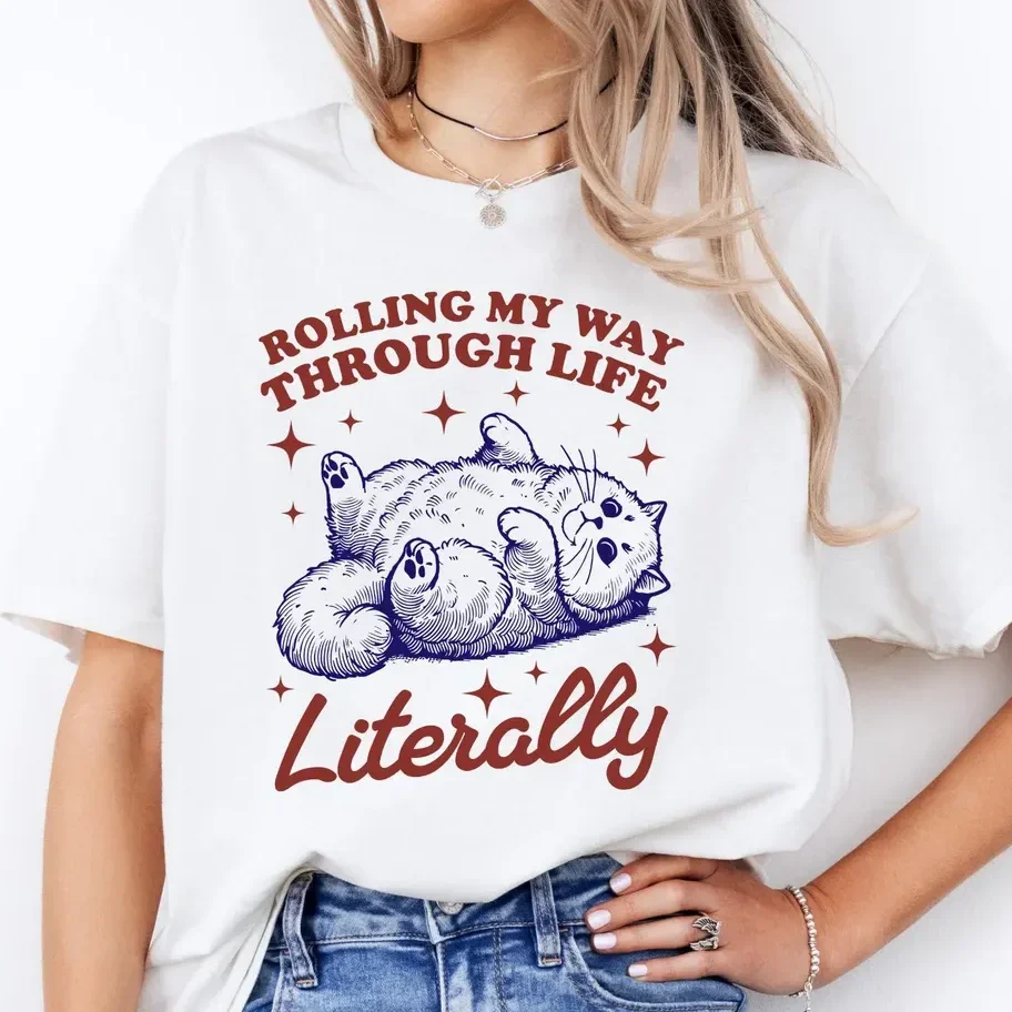 Koszulki damskie z nadrukiem kociego wzoru, kreatywne letnie t-shirty, modne, zabawne, retro, sportowe ubrania damskie