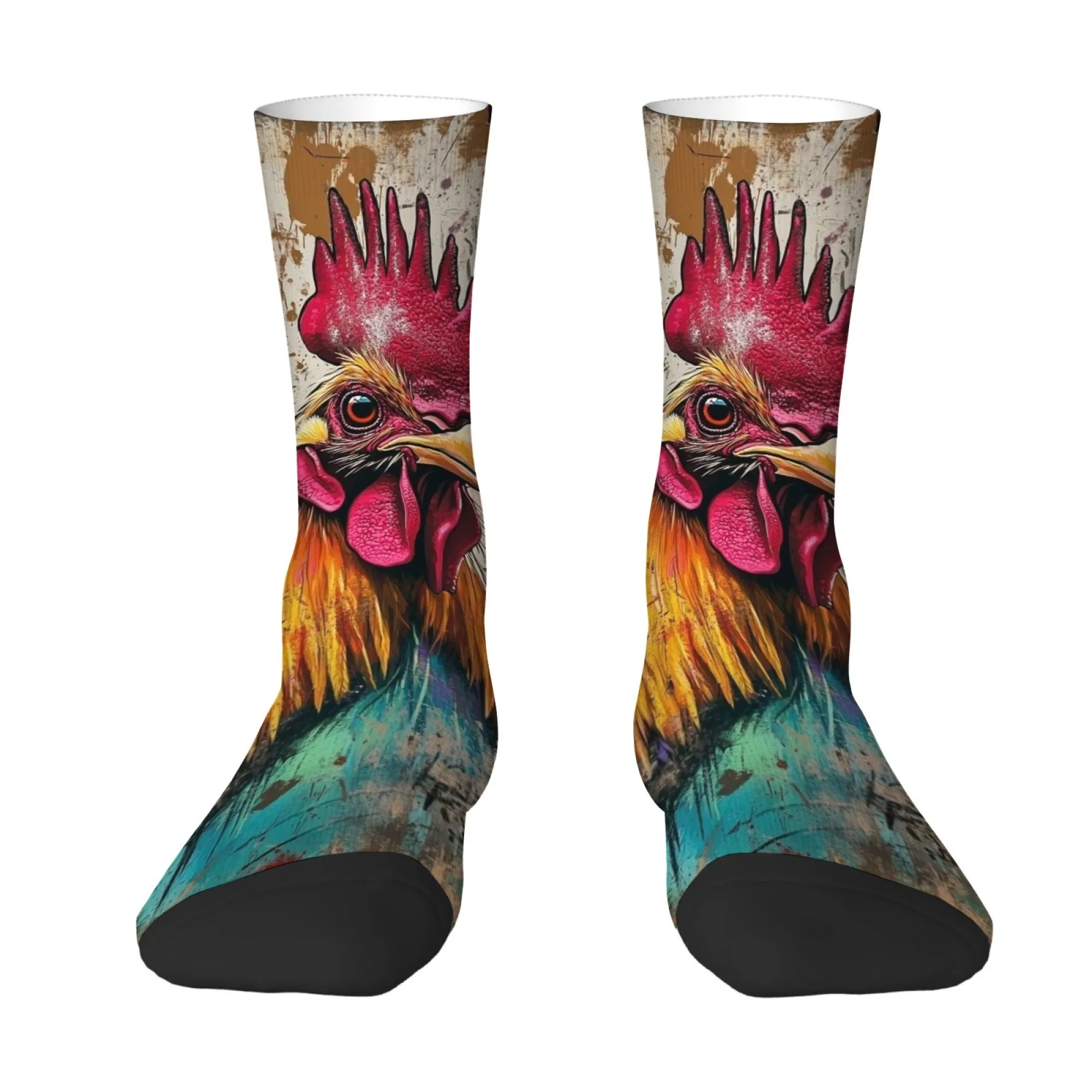 Novel Funny Farm Rooster Oil Painting Men's Socks Fashion Casual Stretch Socks Comfortable Breathable Non-slip Sports Socks Gift