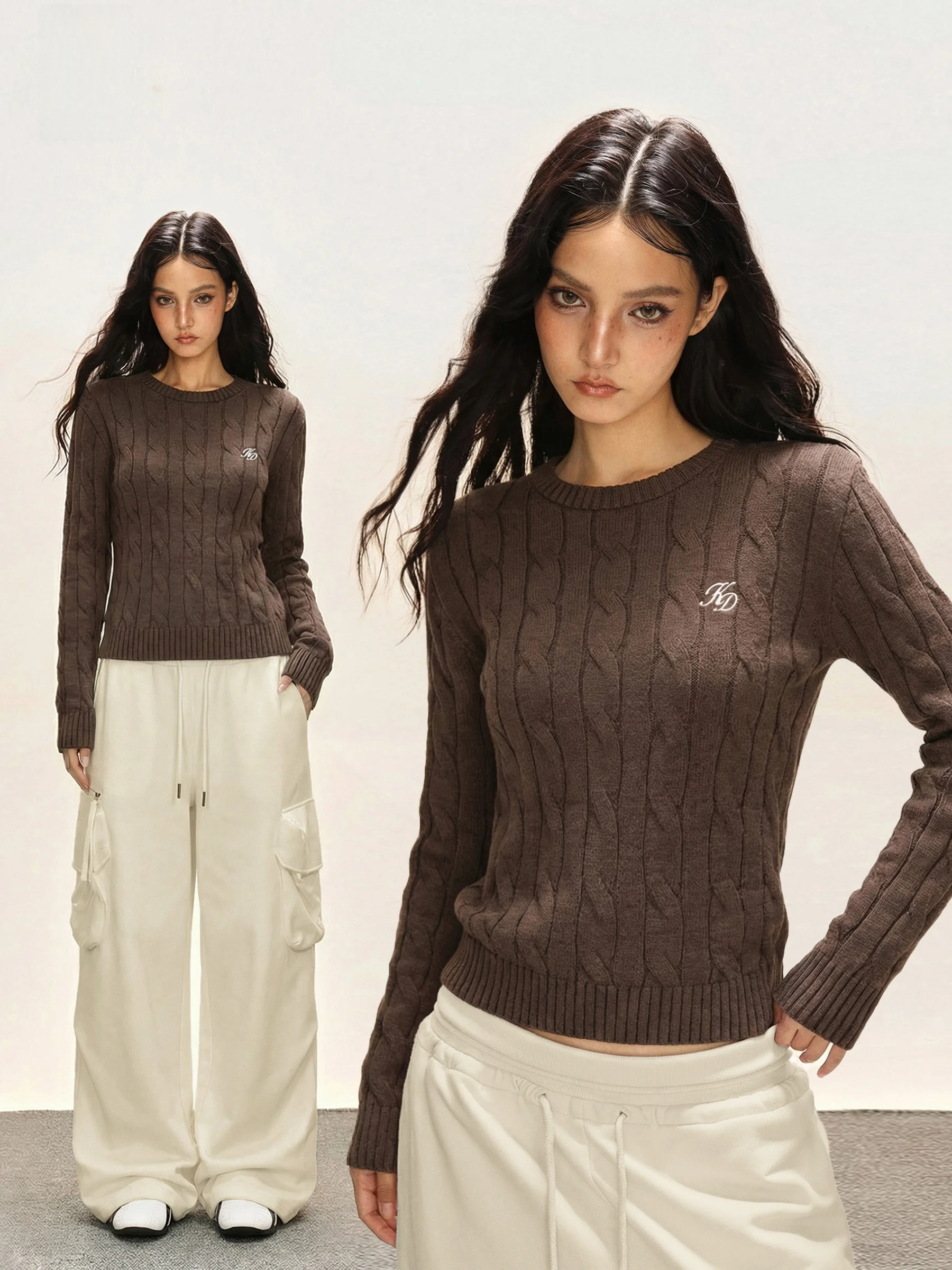 

November Coffee round Neck Pullover Sweater Women's Spring Autumn Casual Slimming Base Shirt Knitted Leisure Knitwear