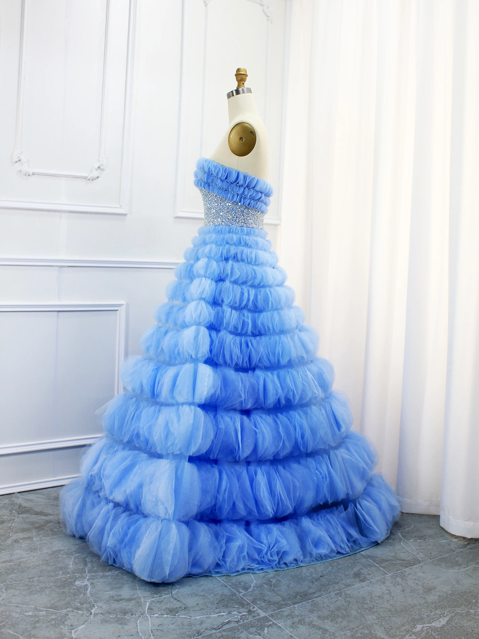 Robe de Demoiselle d'Honneur Trapèze Bleu Ciel avec Manches de Luxe, Tenue de Bal Perlée, au Meilleur Prix, Offre Spéciale, 2024