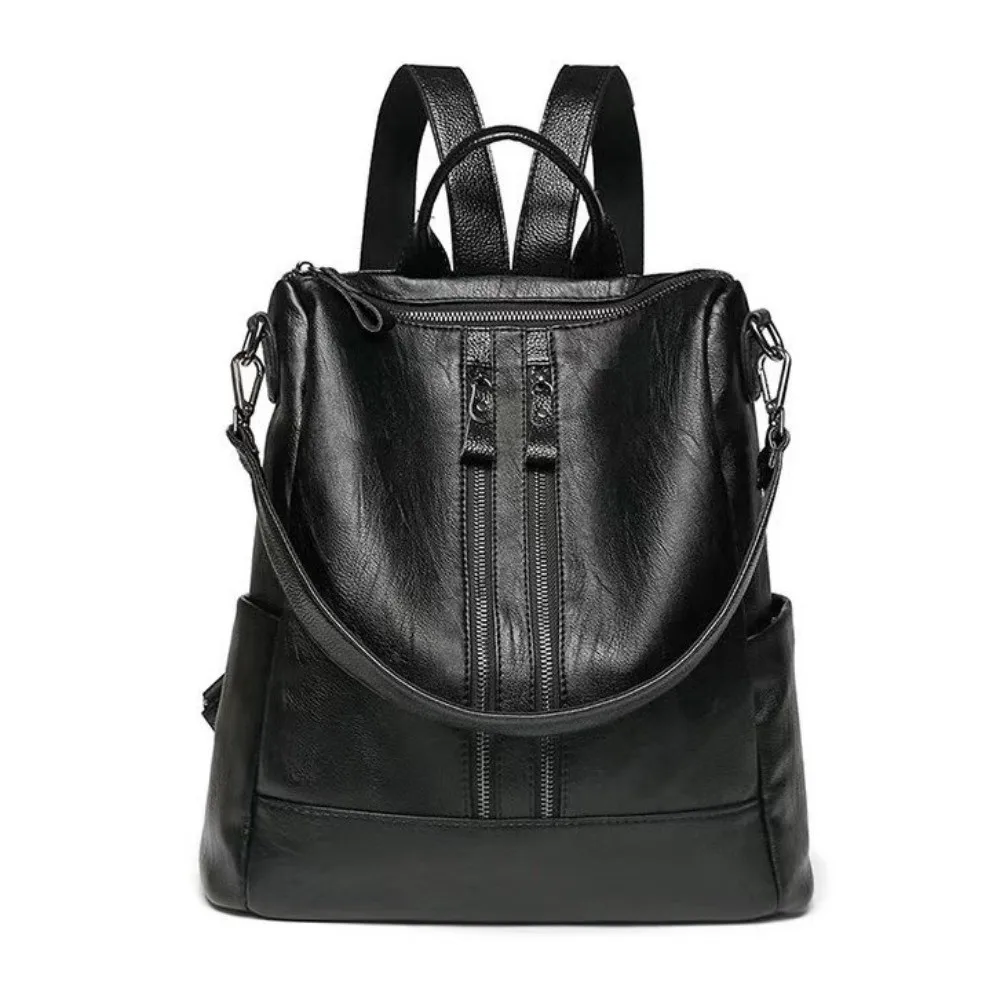 

Black Leather Backpack Soft Leather Large Capacity Korean Style Backpack Adjustable Straps Solid Color