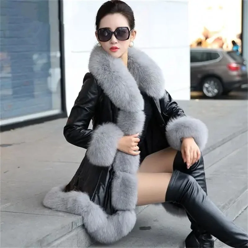 Size 6XL Women\'s Clothing Autumn Winter Imitation Fox Fur Big Fur Collar Thick Warm Female\'s Leather Jacket Slim Fur Coat