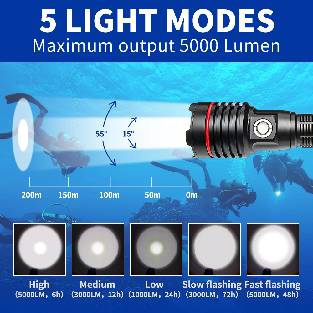 OEM Industrial Diving Flashlight Underwater 5000LM Dive Light IP68 Rating Aluminum Alloy Body Ni-MH Battery