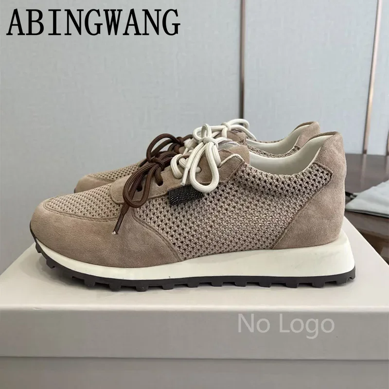 2026 Spring Autumn New Suede Leather Flats Shoes for Women Lace Up Round Toe Breathable Ladies Run Walking Shoes Women