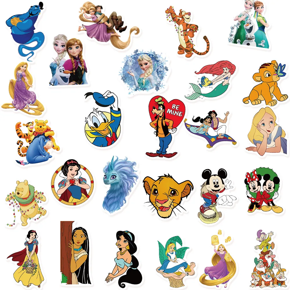 50pcs Disney Mix Cartoon Cute Stitch Micky Princess Stickers Vinyl Laptop Luggage Skateboard Waterproof Girl Sticker Classic Toy