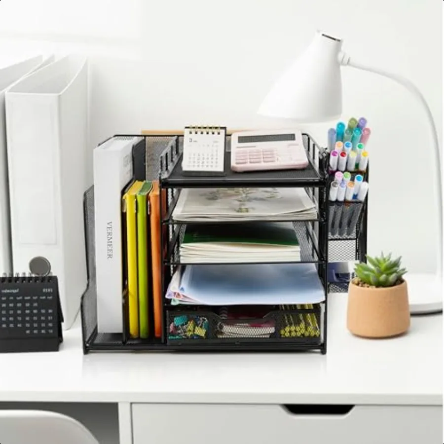 Настольный органайзер с держателем для файлов, 5-уровневый лоток для бумажных писем, органайзер с выдвижным ящиком, подвесной держатель для ручек, сетчатый настольный органайзер и Sto