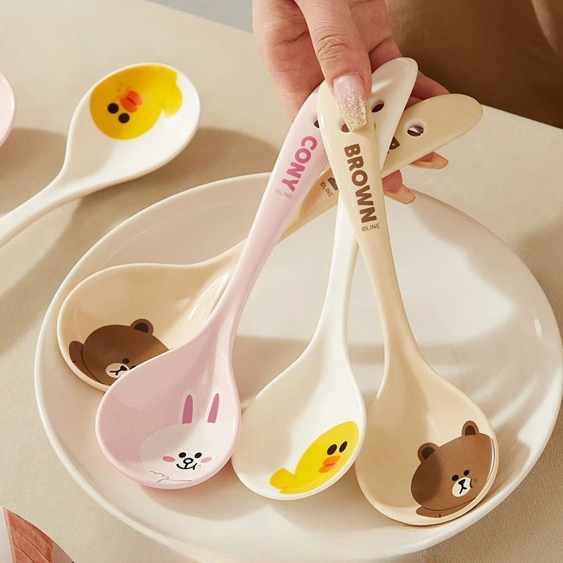 Ceramic Spoon Household Long Handle High Appearance Level Soup Ladle Kitchen Cartoon Tableware Thickened Small Congee Spoon New
