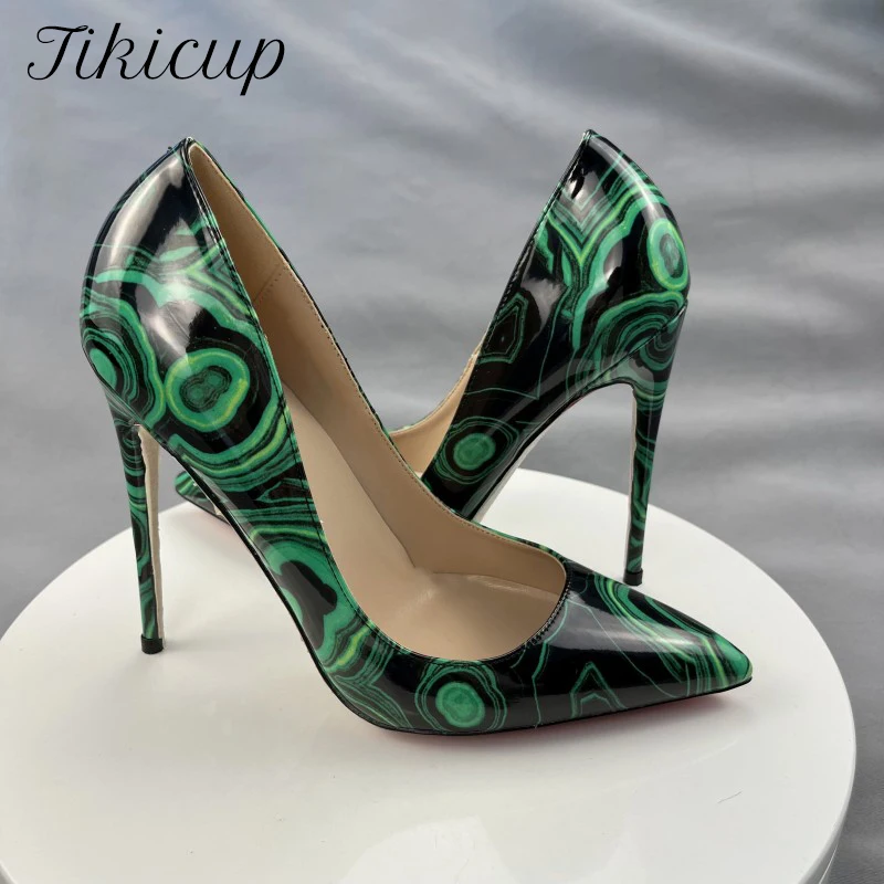 

Tikicup Green Floral Print Women Pointy Toe Slip On High Heel Shoes for Party Sexy Ladies Dress Stiletto Pumps 12cm 10cm 8cm