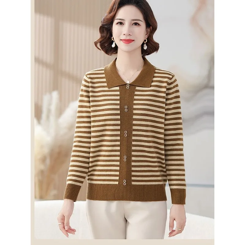 الخريف والشتاء فضفاض التلبيب المرأة النمط الغربي مخطط محبوك سترة طويلة الأكمام قاع قميص أعلى #6