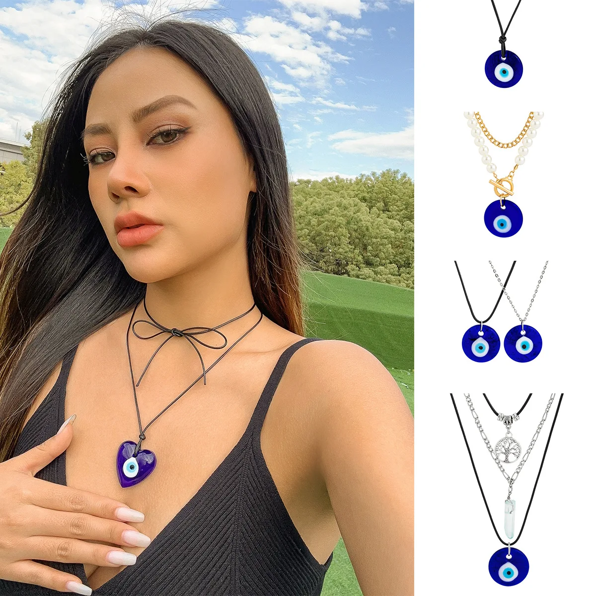 Multilayer Tassel Necklace Crystal Heart Eye Pendant Vintage Elegant Sparkly Statement Party Jewelry Women Gold Chain