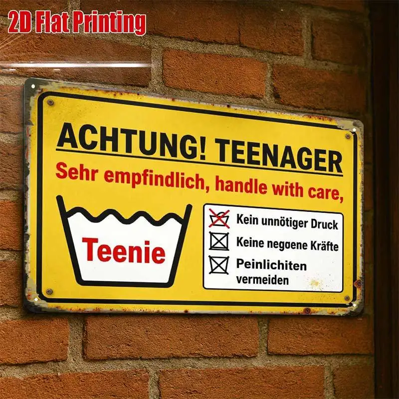 Retro Humor Metal Wall Sign Funny German Teenager Warning, Creative Tin Art for Cafe Man Cave Home Decor