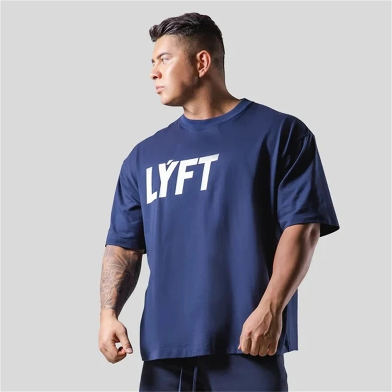 LYFT Summer Men T Shirt Letter GYM Print Mens Oversize Hip Hop Short Sleeve Casual Cotton Mens Streetwear Top Tees Active Shirt