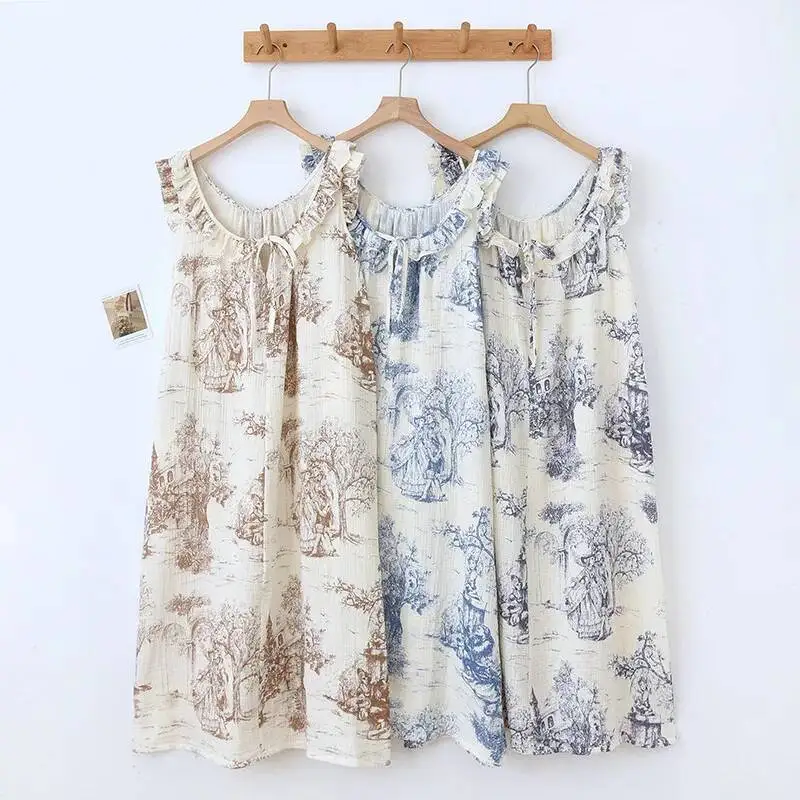 

Summer Newest Thin Cotton Ruffle Edge Night Wear For Ladies Fashionable Printing Sleeveless Soft And Comfortable Sleepwear Women