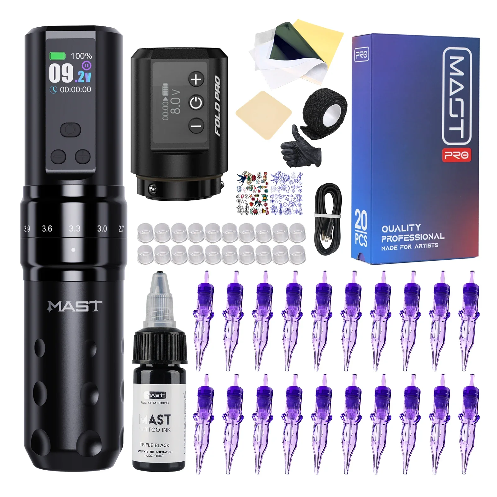 

Mast Tattoo Fold2 Pro Tattoo Gun Kit Complete Tattoo Machine Kit 2000mAh Battery Supply Mcore-C1 Motor Real 7 Strokes Length