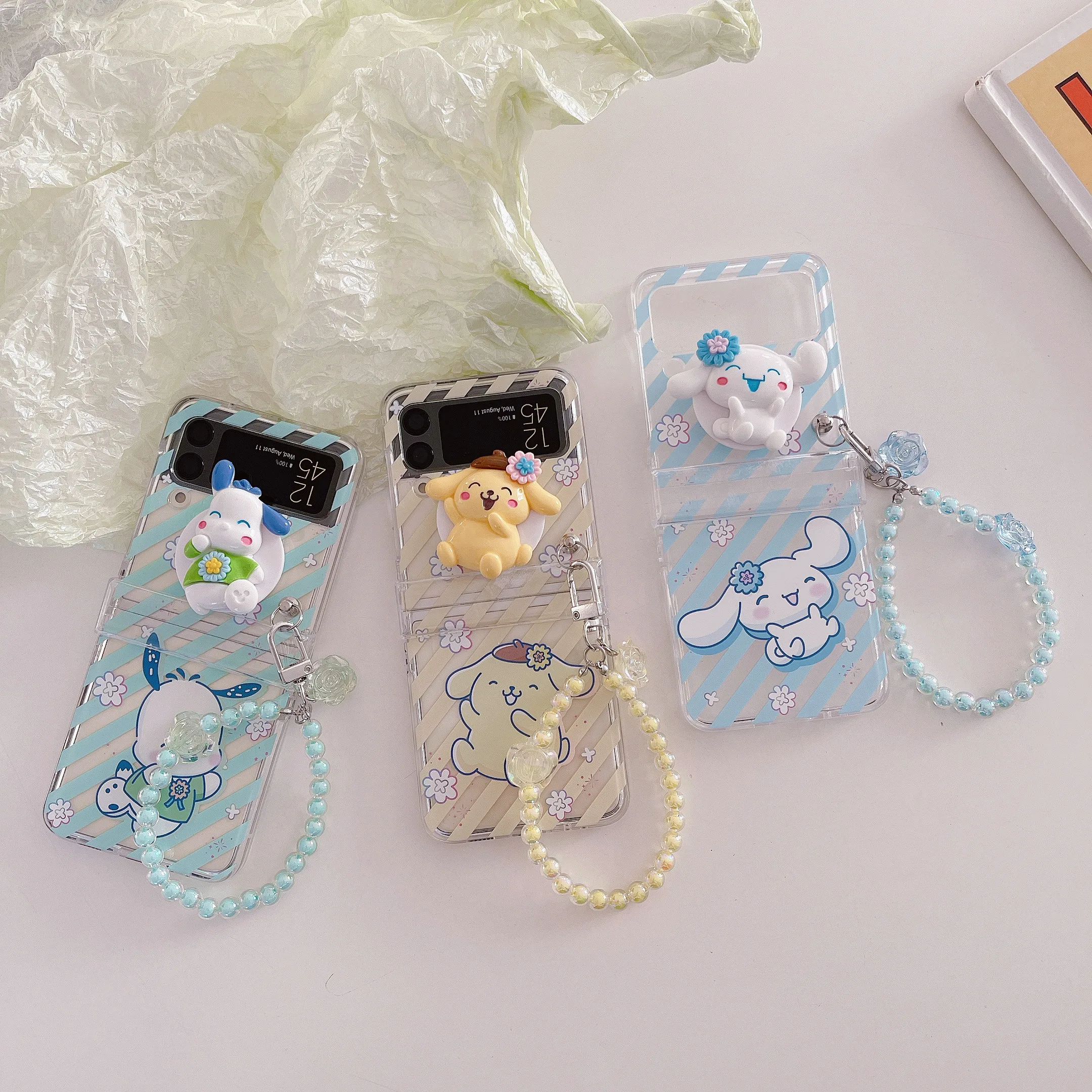 Sanrio pom purin cinnamoroll pochacco 3D holder Phone Case For Samsung Galaxy Z Flip 3 4 5 5G ZFlip5 ZFlip4 ZFlip5 Flip4 Flip5