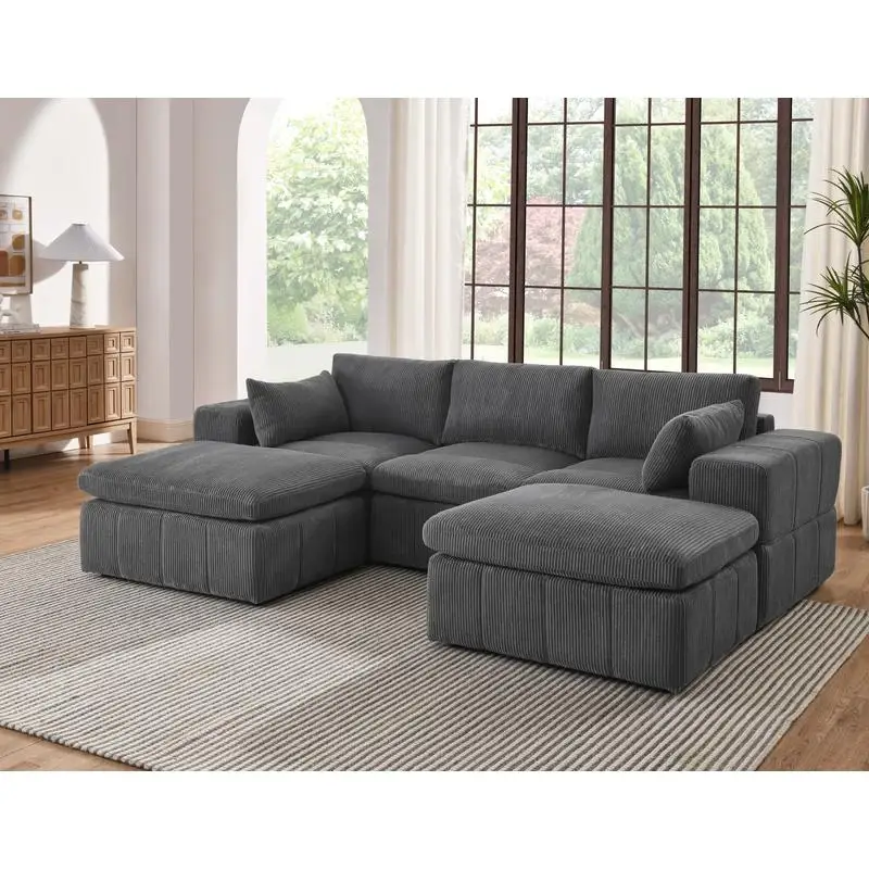 

Large Arm Corduroy Upholstered Modular Sectional Sofa with 2 Ottomans for Living Room Use