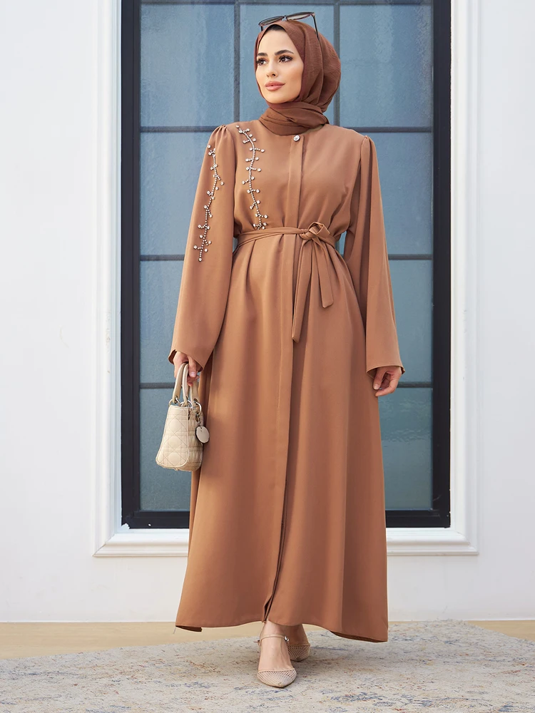 Women Abaya With Stones On The Shoulder Islamic Muslim Hijab Clothing Long Dress Belted Casual Cut Made in Turkey