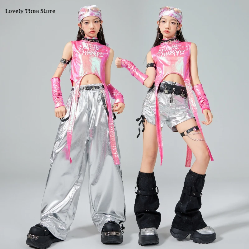 Hip Hop Girls Sweet Shiny Crop Top Silver Cargo Pants Kids K-pop Jazz Dance Clothes Sets Children Streetwear Girl Group Costumes