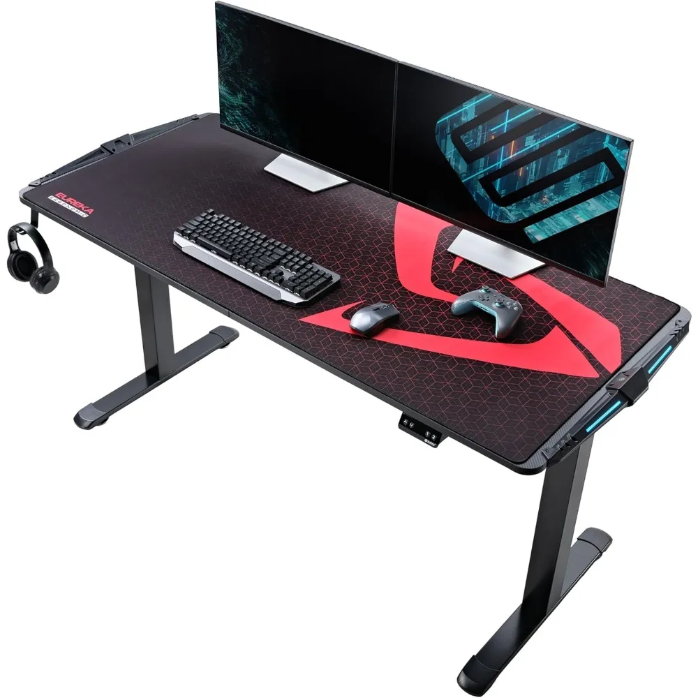 65 inch Electric Height Adjustable Gaming Desk Standing Desk, Large Computer Table with RGB LED Lights and Extended Gaming Mous