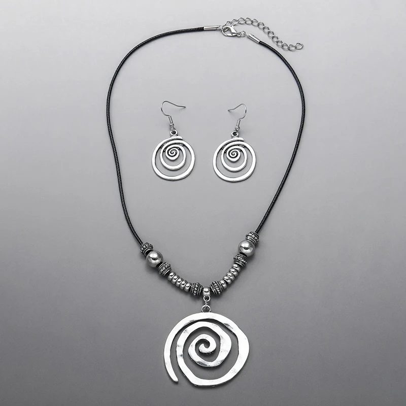 Vintage Bohemian Style Metal Spiral Pendant Necklace Earrings for Women Creative Two-piece Beach Vacation Jewelry Set